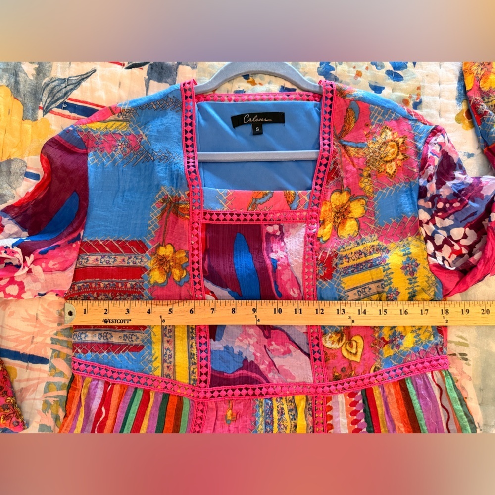 CALESSA S Fiesta Patchwork Print Boho Square-Neck 3/4 Bell Cuff Sleeve Blouse - Picture 10 of 13